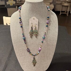 Elegant Peacock and Amethyst Beaded Necklace and Earring Set